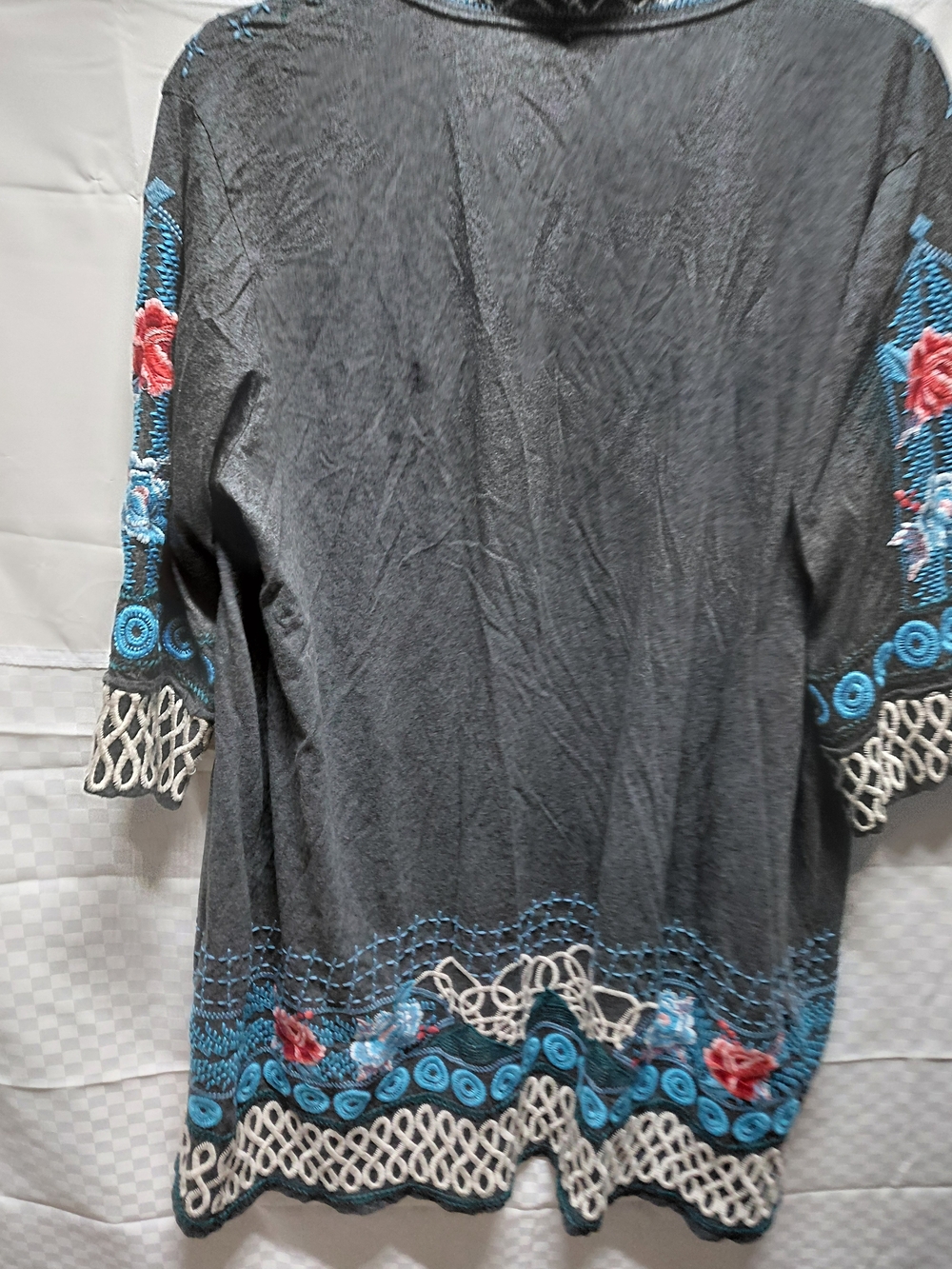 Embroidered Open Front Kimono Jacket in Charcoal & Teal #(C28) - Picture 9 of 9